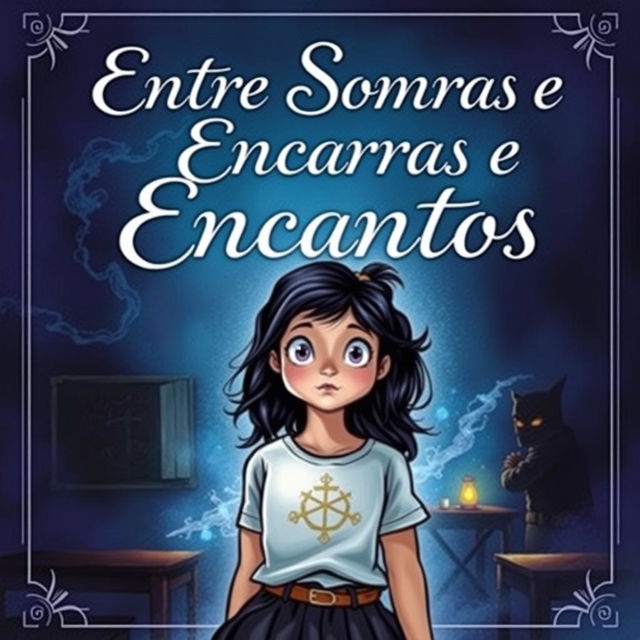 A book cover for "Entre Sombras e Encantos" featuring Luísa, a curious teenage girl, standing in a dark classroom with an intrigued look on her face