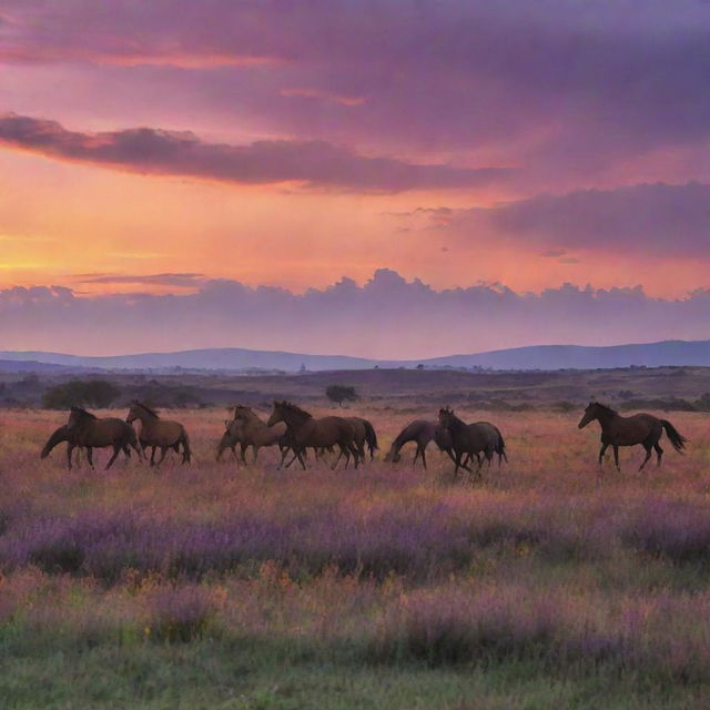 An enchanting twilight landscape, with silhouettes of wild horses running freely across a field, under a sky ablaze with hues of oranges and purples.