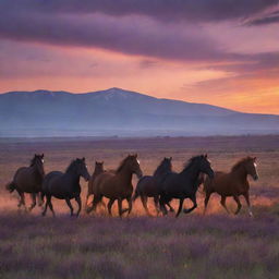 An enchanting twilight landscape, with silhouettes of wild horses running freely across a field, under a sky ablaze with hues of oranges and purples.