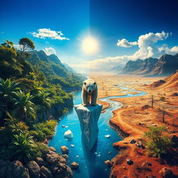 An impactful visual depiction of climate change, illustrating a dramatic scene that contrasts the beauty of nature with the stark effects of environmental degradation