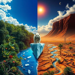An impactful visual depiction of climate change, illustrating a dramatic scene that contrasts the beauty of nature with the stark effects of environmental degradation
