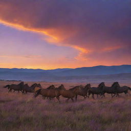 An enchanting twilight landscape, with silhouettes of wild horses running freely across a field, under a sky ablaze with hues of oranges and purples.