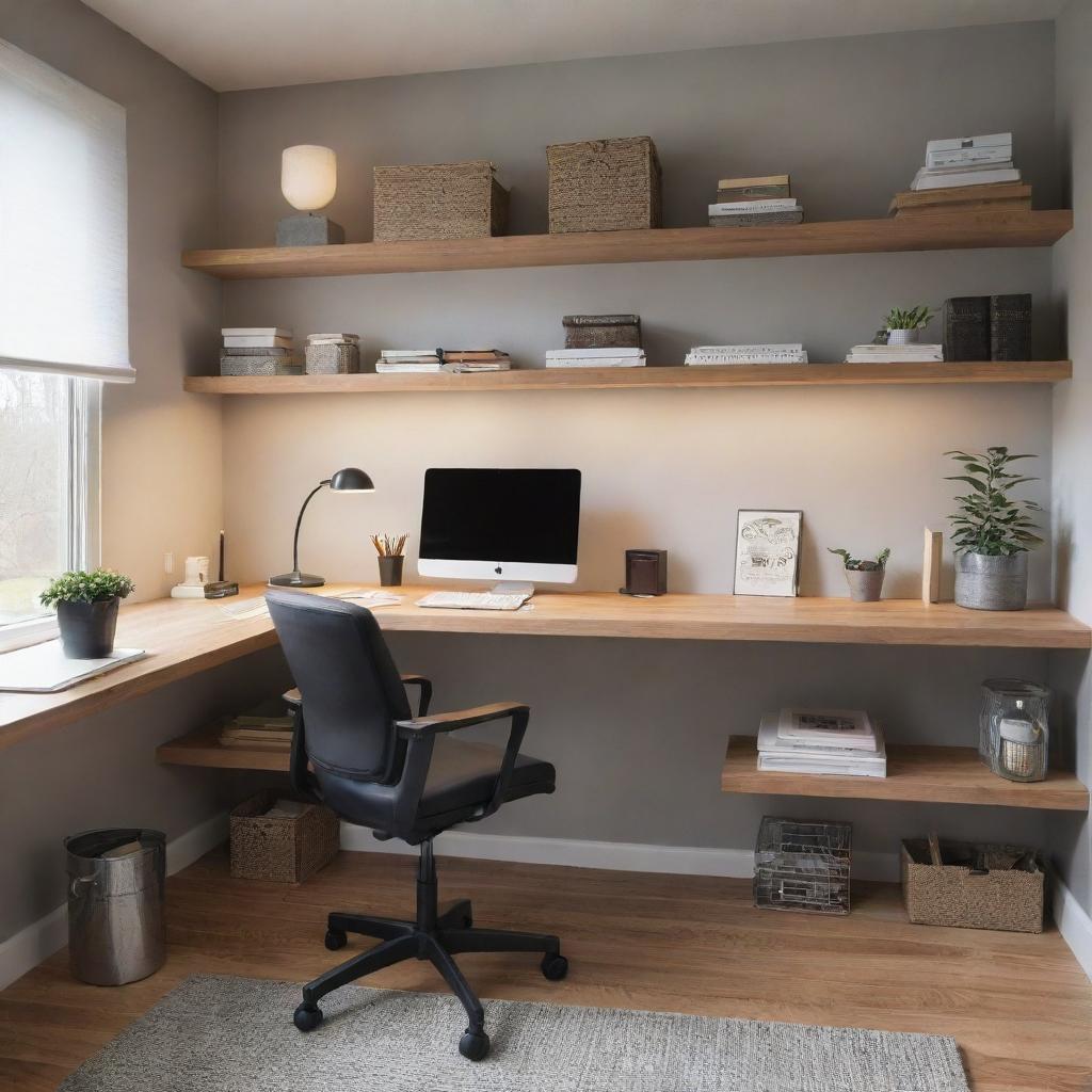 A well-organized, modern home office with a wooden desk, ergonomic chair, ample lighting and shelves stocked with books and supplies.