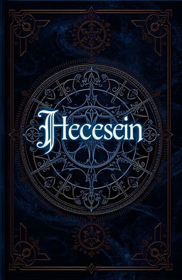 A captivating book cover prominently featuring an intricate arrangement of cryptic symbols and mystical glyphs in dark colors such as deep blues, blacks, and purples
