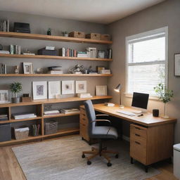 A well-organized, modern home office with a wooden desk, ergonomic chair, ample lighting and shelves stocked with books and supplies.