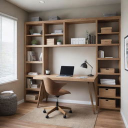 A well-organized, modern home office with a wooden desk, ergonomic chair, ample lighting and shelves stocked with books and supplies.