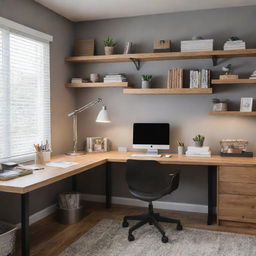 A well-organized, modern home office with a wooden desk, ergonomic chair, ample lighting and shelves stocked with books and supplies.