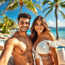 A handsome young man of Central Asian mixed heritage, intelligent and humorous with a broad worldview, alongside a beautiful young woman of European-French descent, alluring and confident, showcasing her full figure