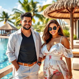 A handsome young man of Central Asian mixed heritage, intelligent and humorous with a broad worldview, alongside a beautiful young woman of European-French descent, alluring and confident, showcasing her full figure