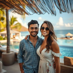 A handsome young man of Central Asian mixed heritage, intelligent and humorous with a broad worldview, alongside a beautiful young woman of European-French descent, alluring and confident, showcasing her full figure