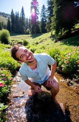 An adult man joyfully drinking water from a clear, flowing brook surrounded by lush greenery and vibrant wildflowers