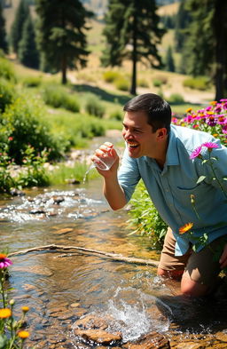 An adult man joyfully drinking water from a clear, flowing brook surrounded by lush greenery and vibrant wildflowers