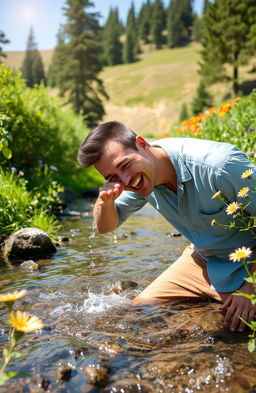 An adult man joyfully drinking water from a clear, flowing brook surrounded by lush greenery and vibrant wildflowers