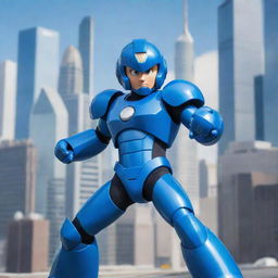 Classic Megaman character in his iconic blue armor, posing heroically on a futuristic city's backdrop.