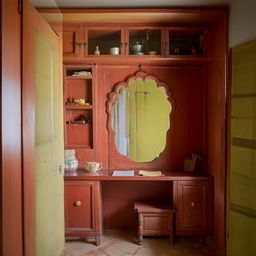 Small, intimate room with three small cupboards, a large almirah, a single study table, and a long mirror.