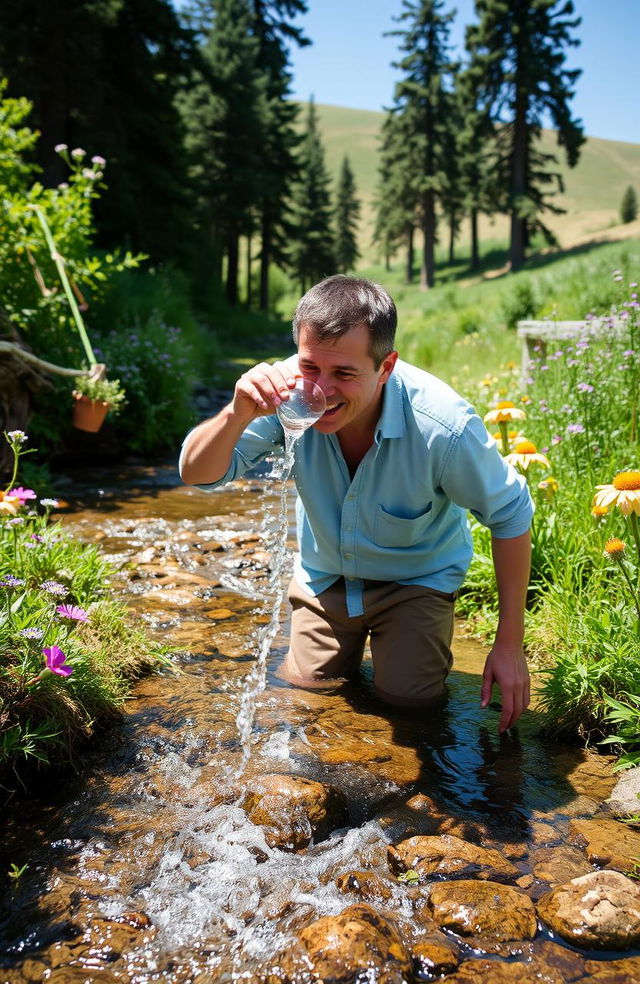 An adult man joyfully drinking water from a clear, flowing brook surrounded by lush greenery and vibrant wildflowers