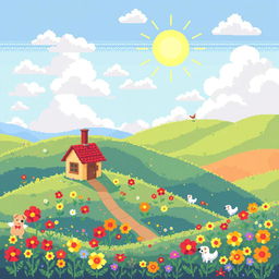 A vibrant and colorful pixel art piece showing a whimsical landscape with rolling hills, fluffy clouds, and a bright sun