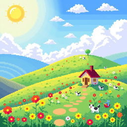 A vibrant and colorful pixel art piece showing a whimsical landscape with rolling hills, fluffy clouds, and a bright sun