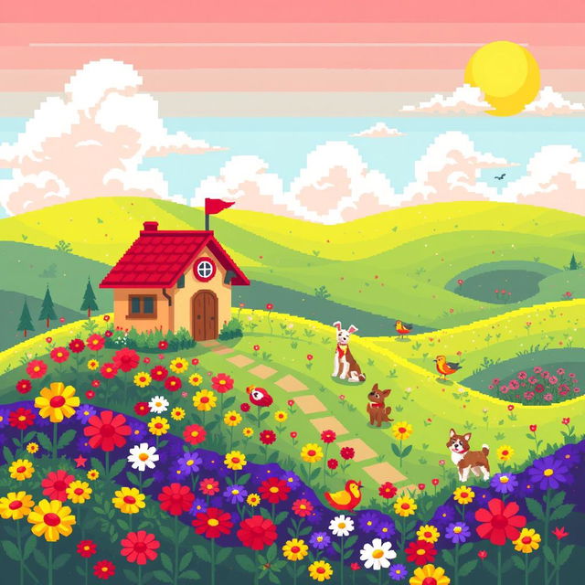 A vibrant and colorful pixel art piece showing a whimsical landscape with rolling hills, fluffy clouds, and a bright sun