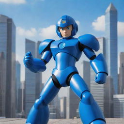 Classic Megaman character in his iconic blue armor, posing heroically on a futuristic city's backdrop.