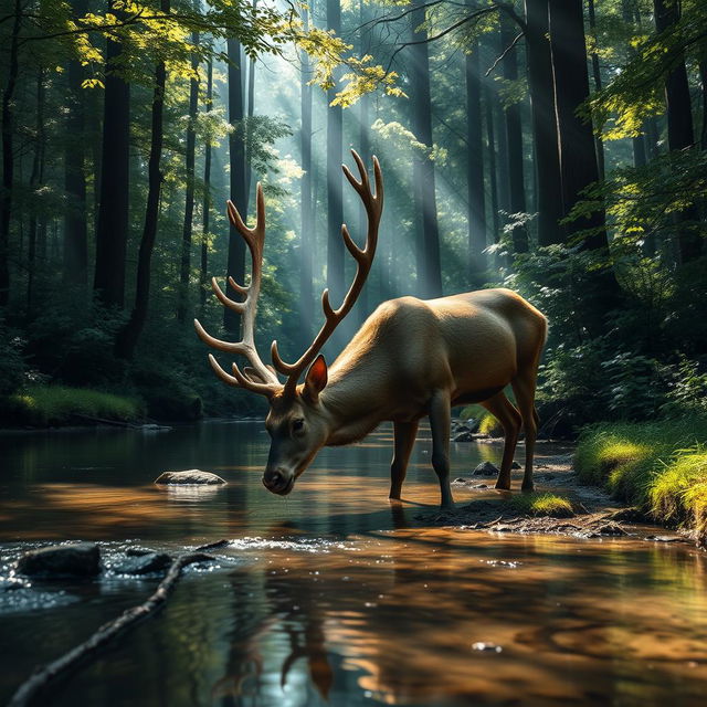 A majestic stag drinking water from a serene brook, surrounded by a tranquil forest filled with tall trees and dense underbrush