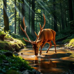 A majestic stag drinking water from a serene brook, surrounded by a tranquil forest filled with tall trees and dense underbrush