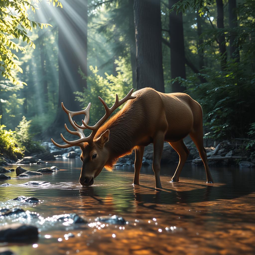 A majestic stag drinking water from a serene brook, surrounded by a tranquil forest filled with tall trees and dense underbrush