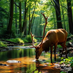 A majestic stag drinking water from a serene brook, surrounded by a tranquil forest filled with tall trees and dense underbrush