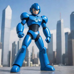 Classic Megaman character in his iconic blue armor, posing heroically on a futuristic city's backdrop.