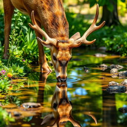 A beautiful stag bending down to drink water from a clear brook, with its reflection perfectly visible in the water