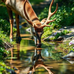 A beautiful stag bending down to drink water from a clear brook, with its reflection perfectly visible in the water