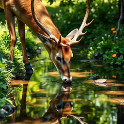 A beautiful stag bending down to drink water from a clear brook, with its reflection perfectly visible in the water