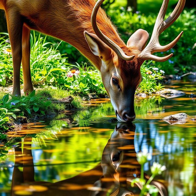 A beautiful stag bending down to drink water from a clear brook, with its reflection perfectly visible in the water