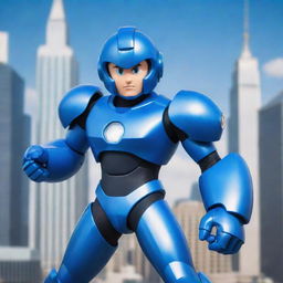 Classic Megaman character in his iconic blue armor, posing heroically on a futuristic city's backdrop.