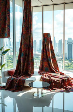 A futuristic interpretation of batik patterns, blending traditional Indonesian artistry with modern design elements