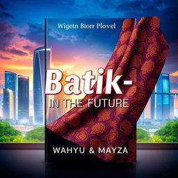 A stunning novel cover for 'Batik-in The Future' by authors Wahyu & Mayza, featuring a captivating blend of traditional Indonesian batik motifs and futuristic elements