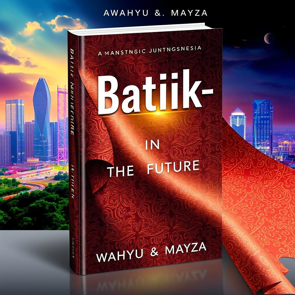 A stunning novel cover for 'Batik-in The Future' by authors Wahyu & Mayza, featuring a captivating blend of traditional Indonesian batik motifs and futuristic elements