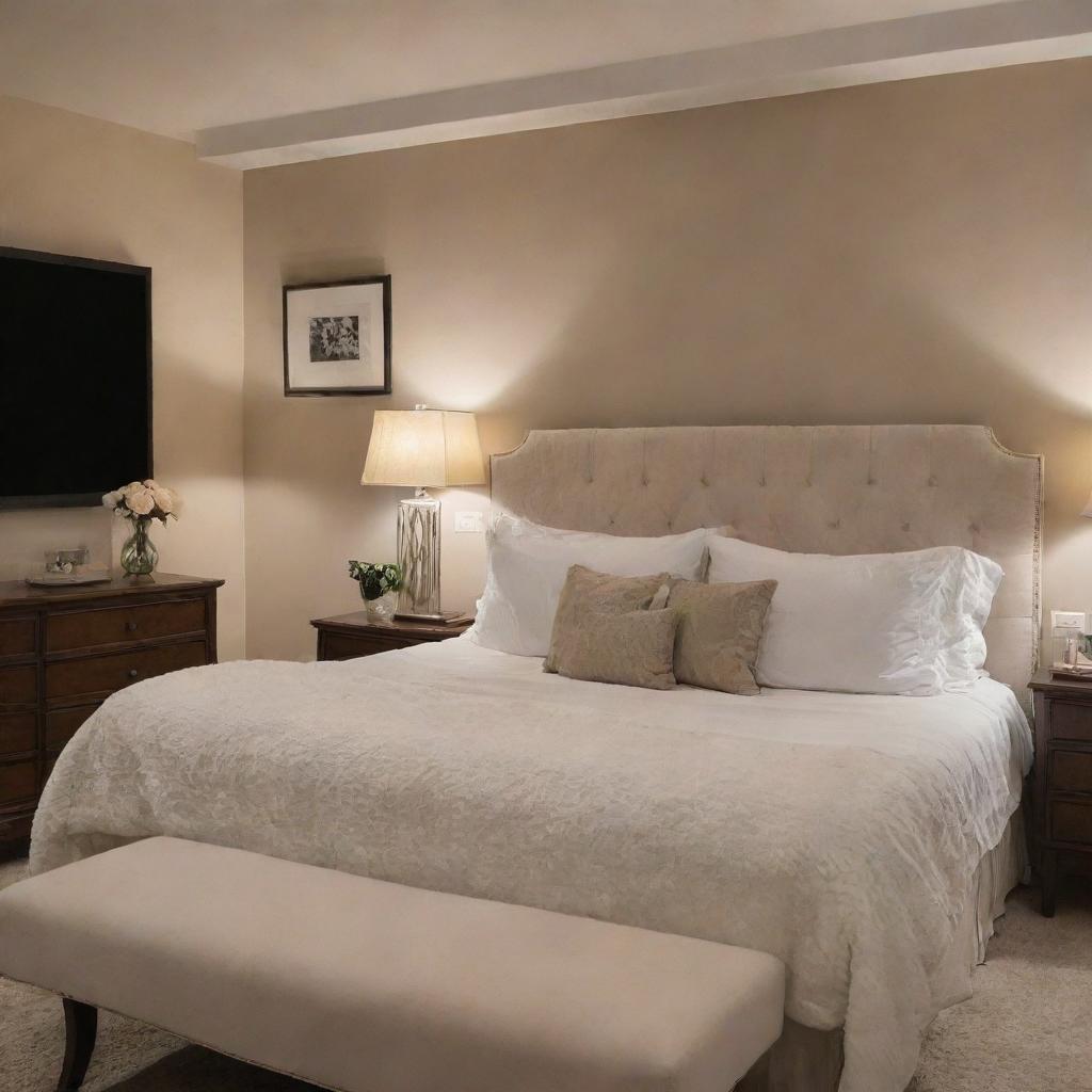 A cozy and charming bedroom featuring a plush king-size bed, tasteful decor, warm ambient lighting, and a small comfortable seating area.