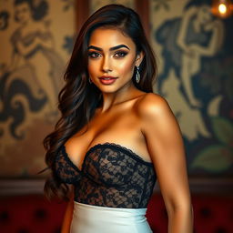 A stunning young woman of English mixed heritage, characterized by her voluptuous bust and slim figure, radiating allure and charm