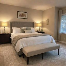 A cozy and charming bedroom featuring a plush king-size bed, tasteful decor, warm ambient lighting, and a small comfortable seating area.