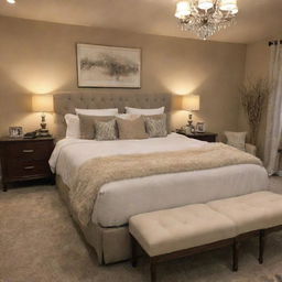 A cozy and charming bedroom featuring a plush king-size bed, tasteful decor, warm ambient lighting, and a small comfortable seating area.