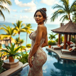 A beautiful young woman of English mixed heritage, characterized by her voluptuous bust and slim figure, radiating allure and charm