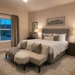 A cozy and charming bedroom featuring a plush king-size bed, tasteful decor, warm ambient lighting, and a small comfortable seating area.