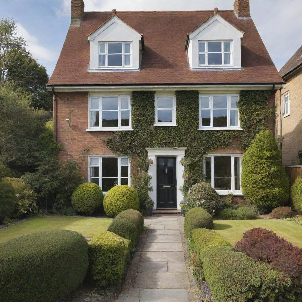 A picturesque, welcoming home with a manicured front garden, large windows, stylish architecture, and inviting, warm interiors.