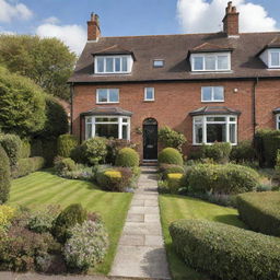 A picturesque, welcoming home with a manicured front garden, large windows, stylish architecture, and inviting, warm interiors.