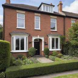 A picturesque, welcoming home with a manicured front garden, large windows, stylish architecture, and inviting, warm interiors.