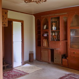 Small, intimate room with three small cupboards, a large almirah, a single study table, and a long mirror.
