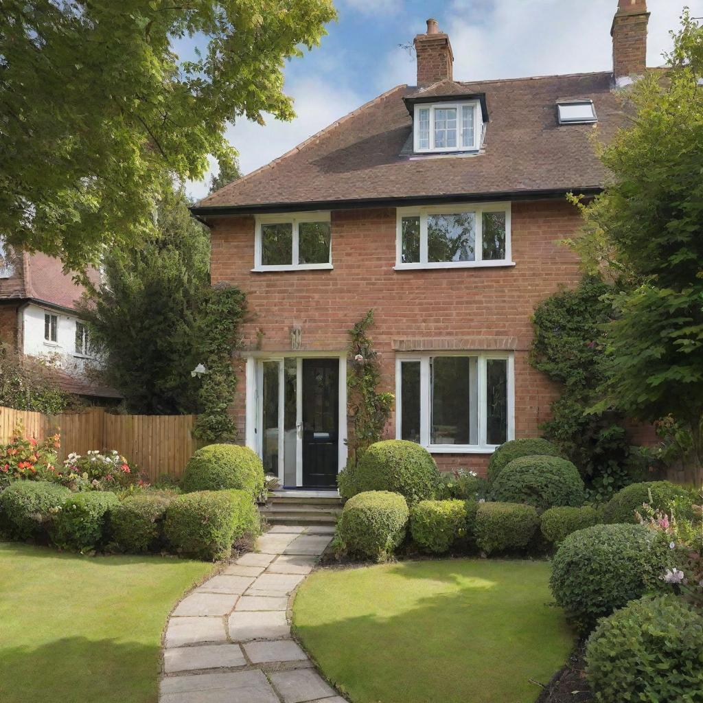 A picturesque, welcoming home with a manicured front garden, large windows, stylish architecture, and inviting, warm interiors.