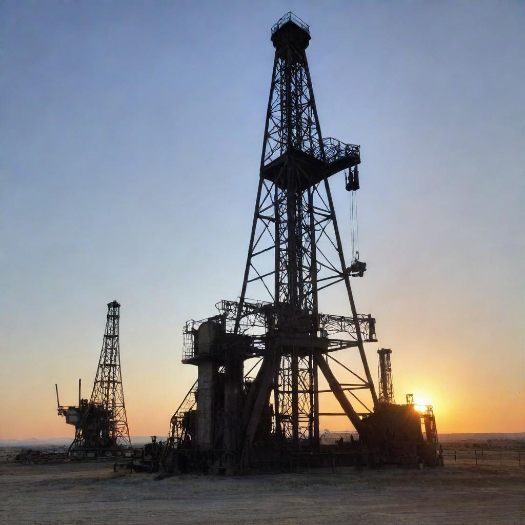 An old-school oil rig, with rustic metal structures, set against a sunset sky casting long shadows. Salient details include pulleys, derricks and pipes.