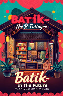A vibrant and engaging poster cover titled "Batik-in The Future" featuring an artistic design of a traditional batik shop